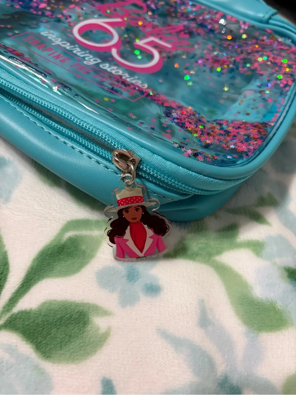 Barbie Teal Glitter Clear Cosmetic Case with Pink Logo